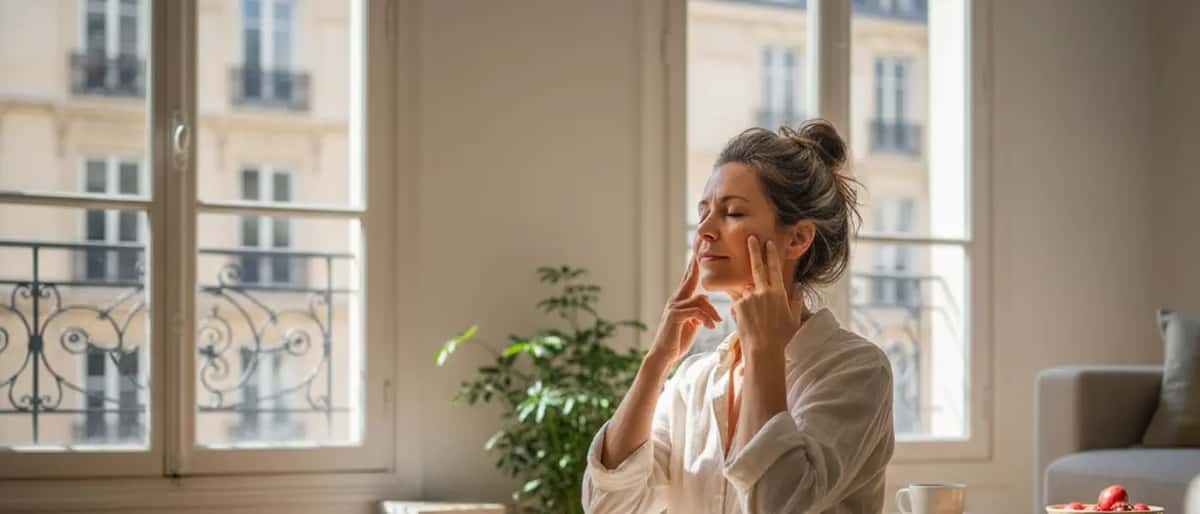 Femme française d'une cinquantaine d'années pratiquant le yoga facial le matin