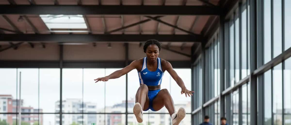 Atleta portuguesa de salto em comprimento em movimento dinâmico numa pista coberta