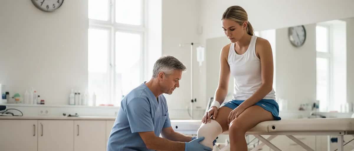 Tennisspiller på et sportsmedicinsk klinik under knæundersøgelse af en specialist