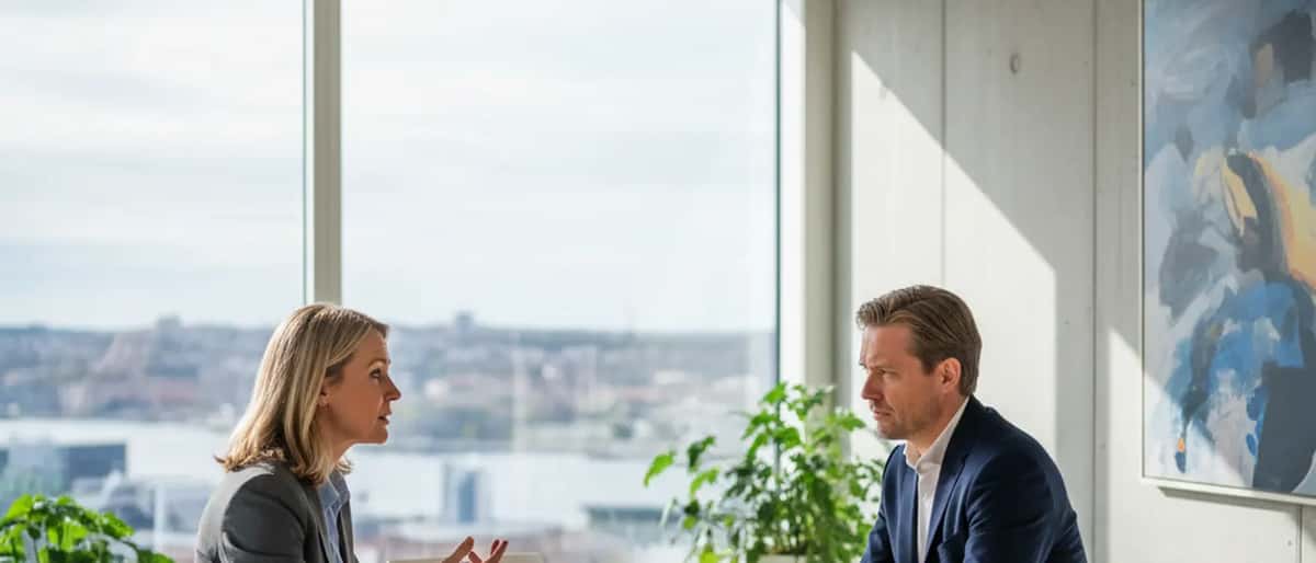 Anställd och HR-chef diskuterar lön i modernt kontor i Stockholm