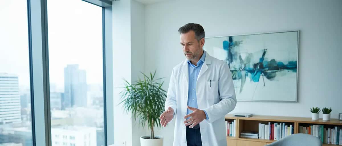 Deutscher Arzt überprüft Patientenakte und Krankenversicherungsunterlagen im Behandlungsraum