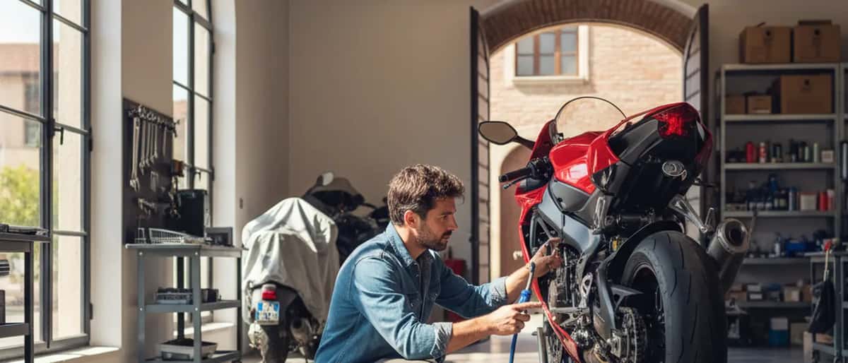 Meccanico italiano che effettua revisione primaverile su moto sportiva in officina