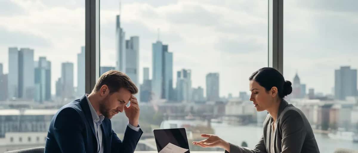 Deutscher Büroangestellter prüft einen Arbeitsvertrag am Schreibtisch, natürliches Tageslicht