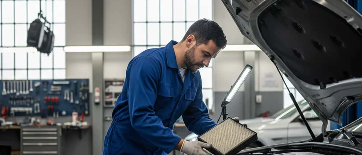Mecânico português verifica filtro de ar do motor numa oficina em Lisboa