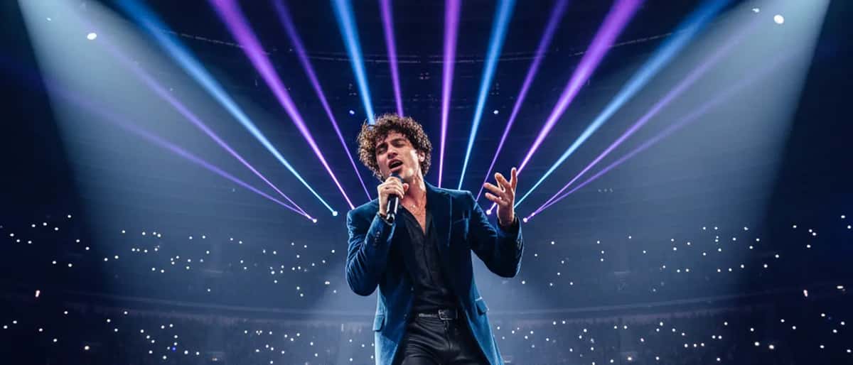 Cantante italiano sul palco di un palazzetto con microfono, luci blu e viola, folla enorme sullo sfondo