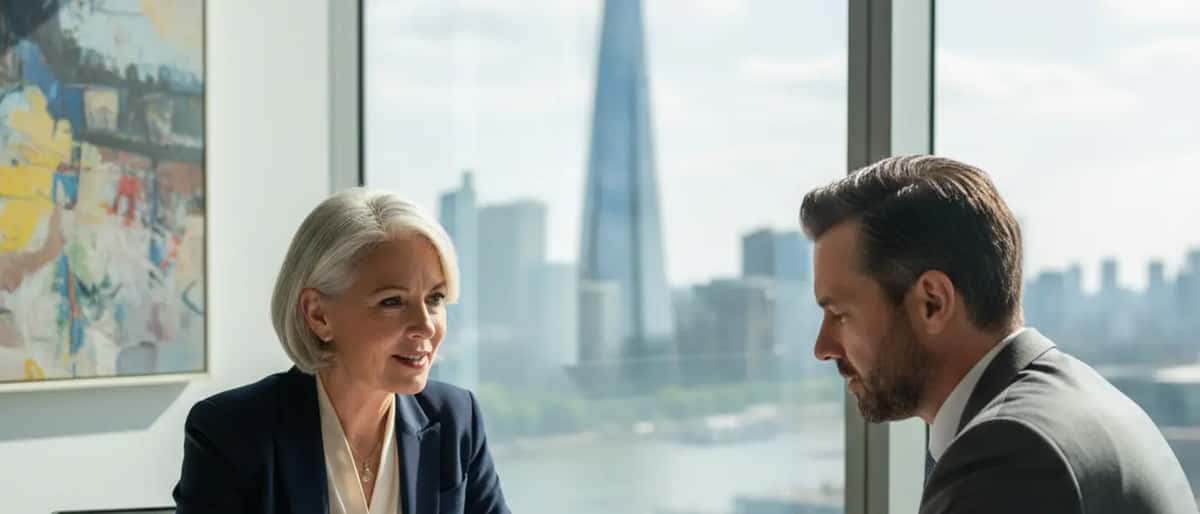 British senior female financial advisor reviewing wealth planning documents with client in a professional London office