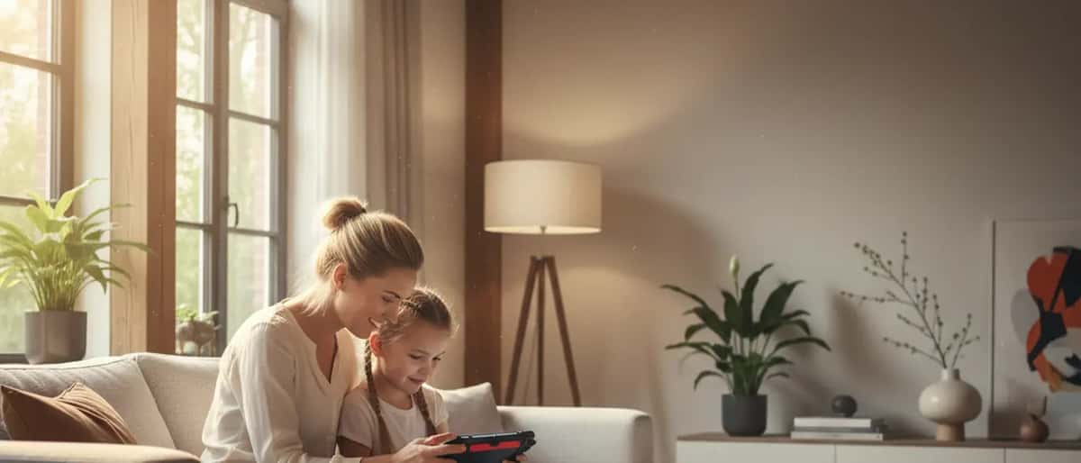 Ouder en kind bekijken samen een gaming console in een moderne woonkamer