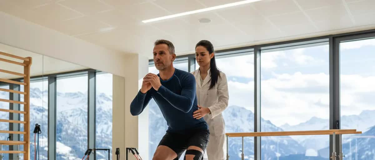 Sciatore italiano in riabilitazione sportiva con fisioterapista in clinica moderna, montagne sullo sfondo