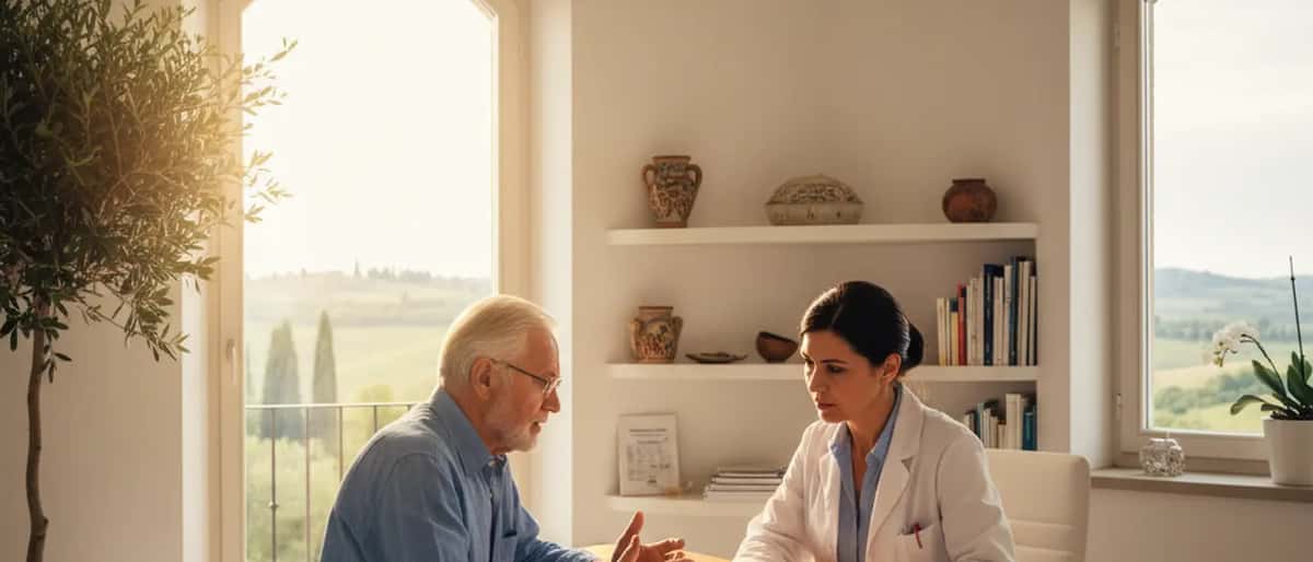 Anziano italiano in consultazione con medico geriatra in studio medico luminoso