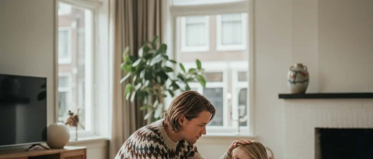 Ouder controleert temperatuur van ziek kind op de bank in een Nederlandse woonkamer