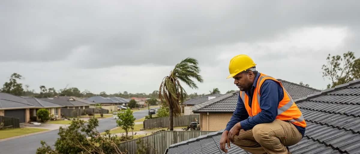 Australian tradesperson inspecting storm-damaged roof after Cyclone Narelle