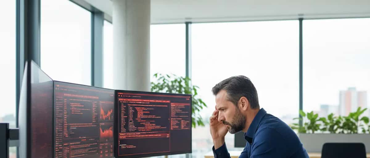 Chef d'entreprise français concentré devant des écrans de sécurité informatique affichant des alertes