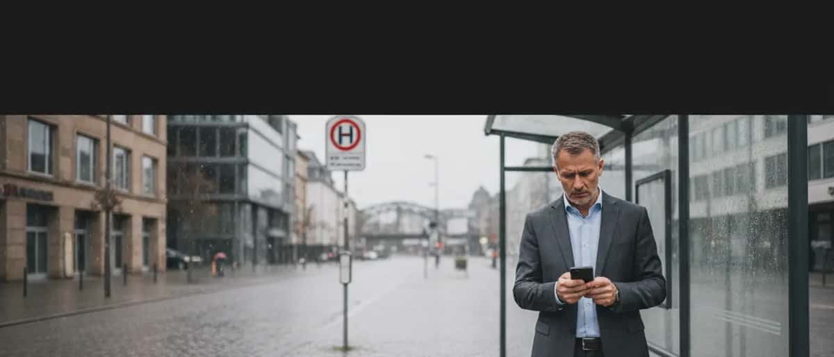 Berufsmann wartet an leerem Bushaltestellein Köln während KVB-Streik