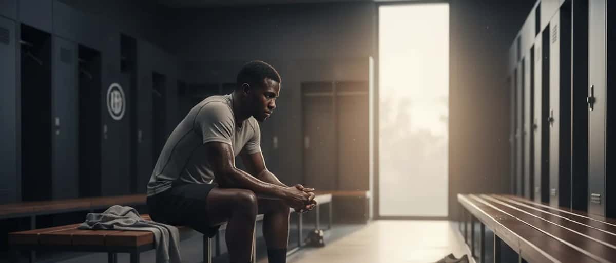 A professional footballer in training gear sits alone on a locker room bench looking pensive