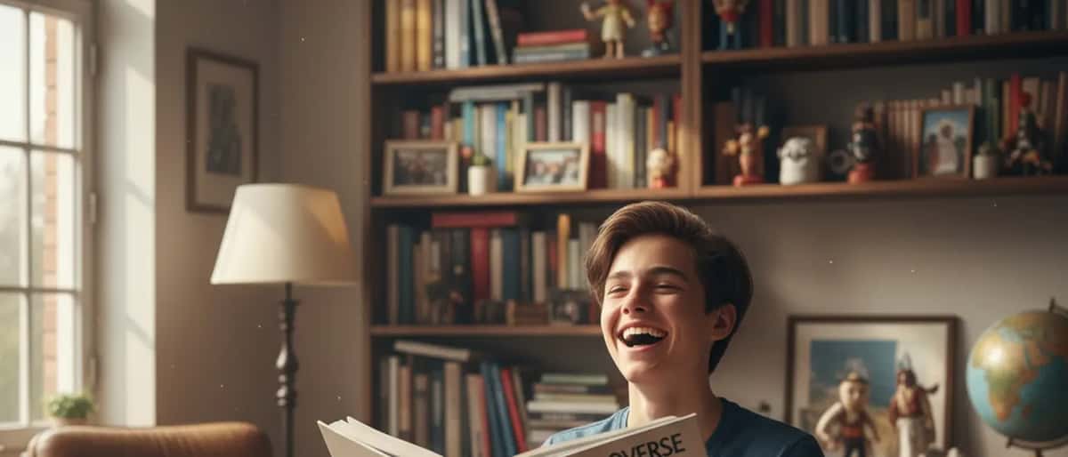 Jugendlicher liest ein Satirebuch an einem Schreibtisch mit Bücherwand im Hintergrund