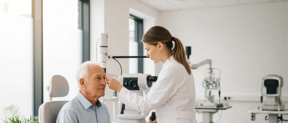Dansk ældre mand til øjenlægeundersøgelse med speciallæge der justerer undersøgelsesudstyr