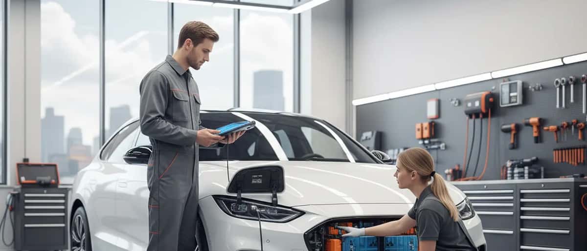 KFZ-Mechaniker inspiziert Ladesystem eines weißen Elektroautos in einer modernen Werkstatt