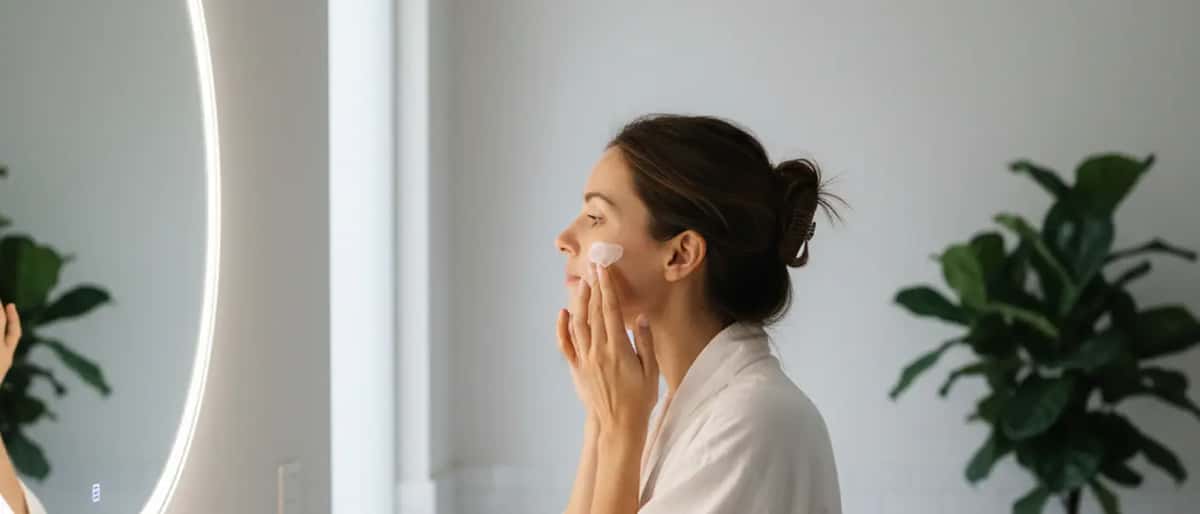 Donna italiana che applica siero sul viso davanti allo specchio in bagno illuminato dalla luce naturale