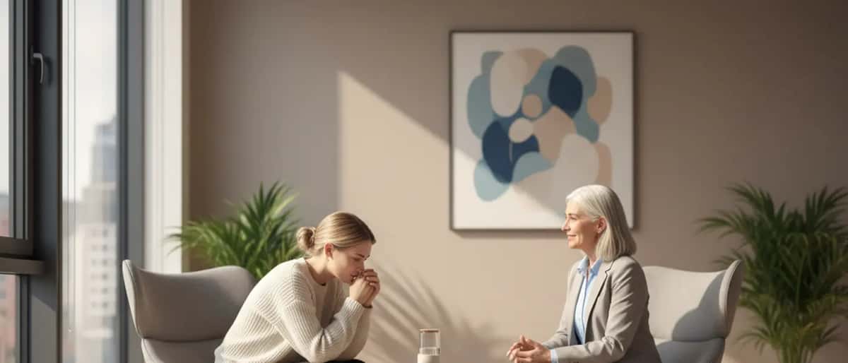 Frau im Gespräch mit Psychologen in moderner Therapiepraxis