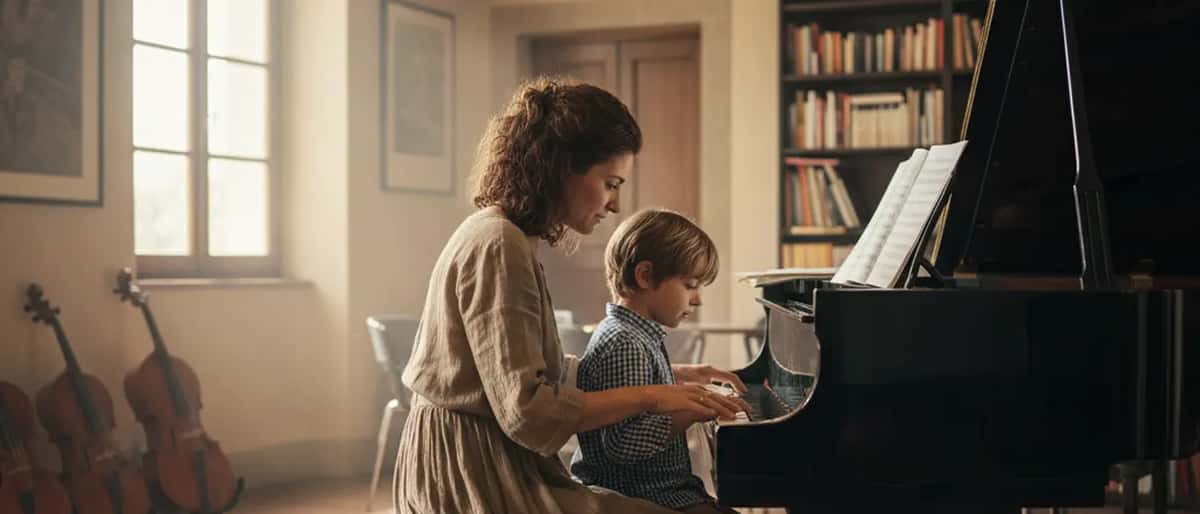 Insegnante di musica italiana seduta al pianoforte con un bambino di 7 anni in una luminosa sala musica