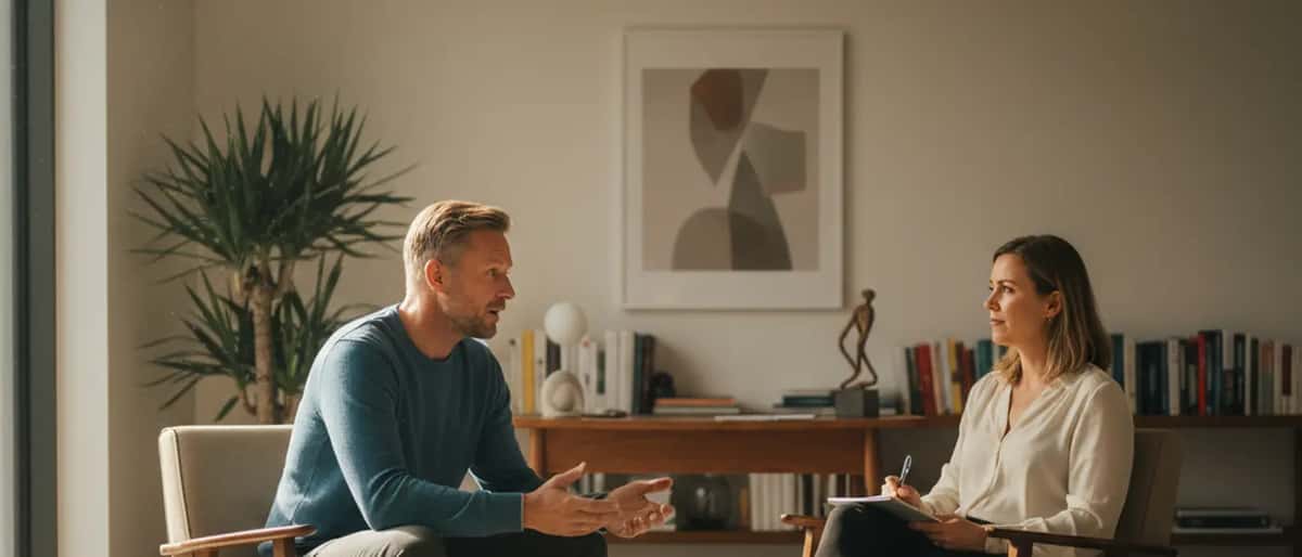 Mand i 40erne i en terapisession med sundhedsprofessionel, varmt naturligt lys