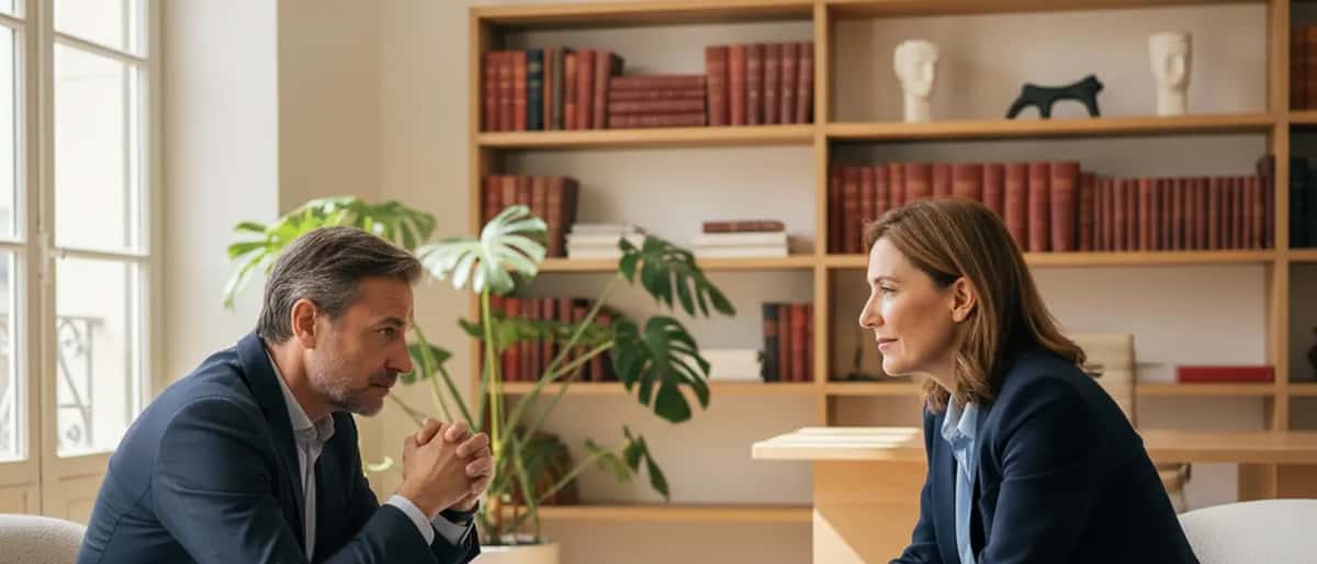 Psychiatre français en consultation avec un patient adulte dans un cabinet calme et éclairé