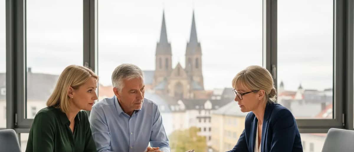 Ein deutsches Paar berät sich mit einem Anwalt über kirchenrechtliche Fragen