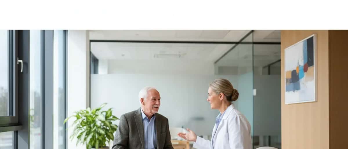Älterer Mann im Gespräch mit einem Neurologen in einer modernen deutschen Klinik, beruhigende Atmosphäre