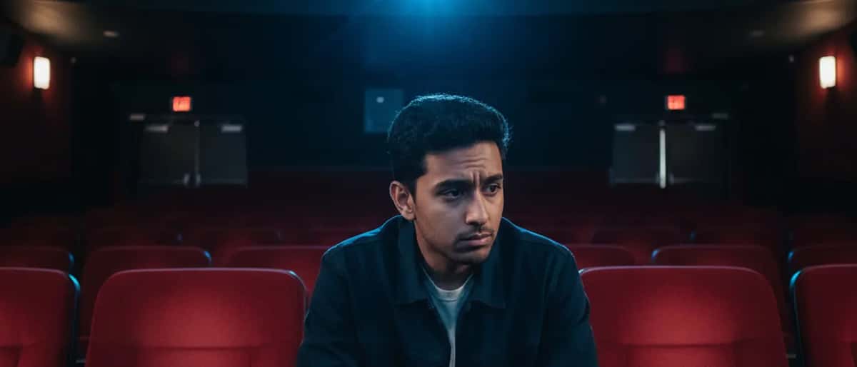 Man in cinema seat reflecting after watching an emotionally charged political film