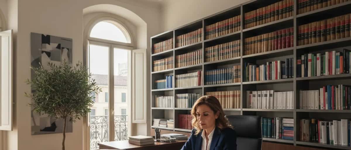 Avvocatessa italiana in ufficio professionale, esaminando documenti legali