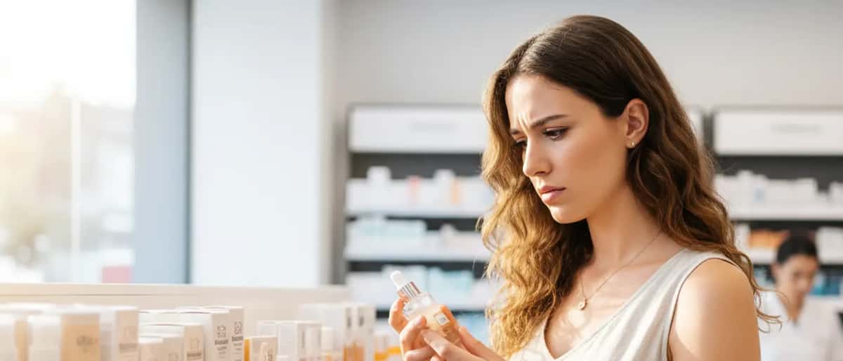 Mulher portuguesa examinando o rótulo de um produto cosmético numa farmácia com expressão preocupada