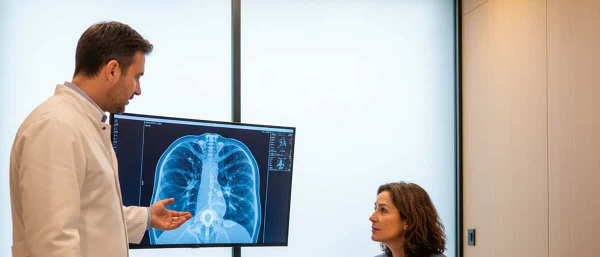Pneumologue français montrant un scanner pulmonaire à une patiente en consultation