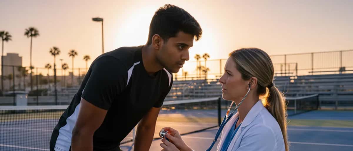 Tennista giovane viene valutato da un medico sportivo su un campo da tennis all'aperto
