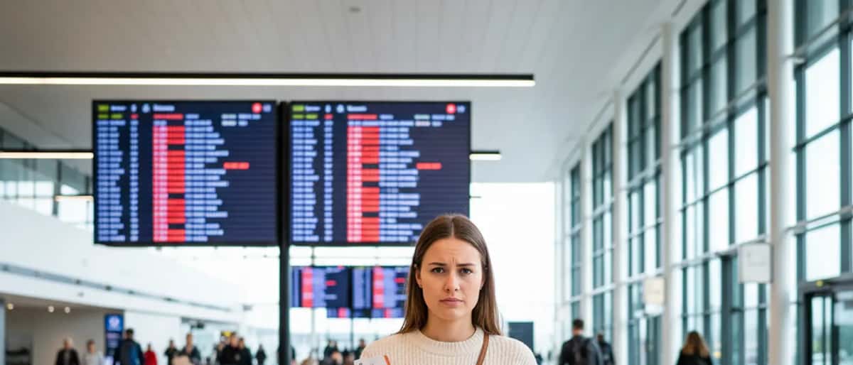 Nederlandse reiziger op Schiphol kijkt naar vertrektijdenbord met vertraging