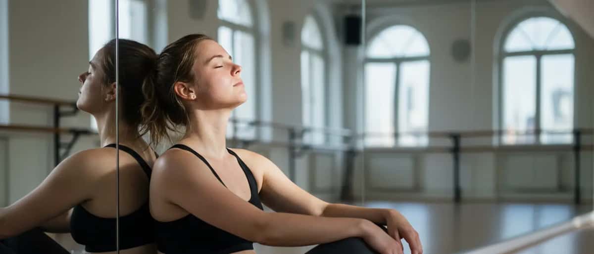 Junge Frau erschöpft nach intensivem Tanztraining, sitzt auf dem Boden eines Tanzstudios
