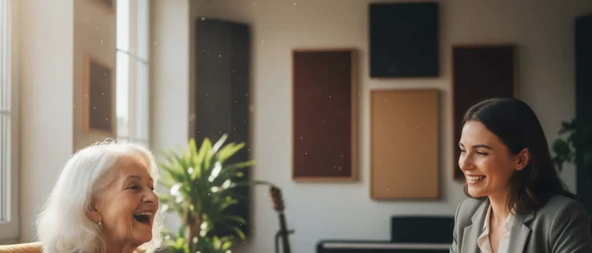 Ältere Frau in einer Stimm-Therapiesitzung mit einem Spezialisten in einem warmen Studio