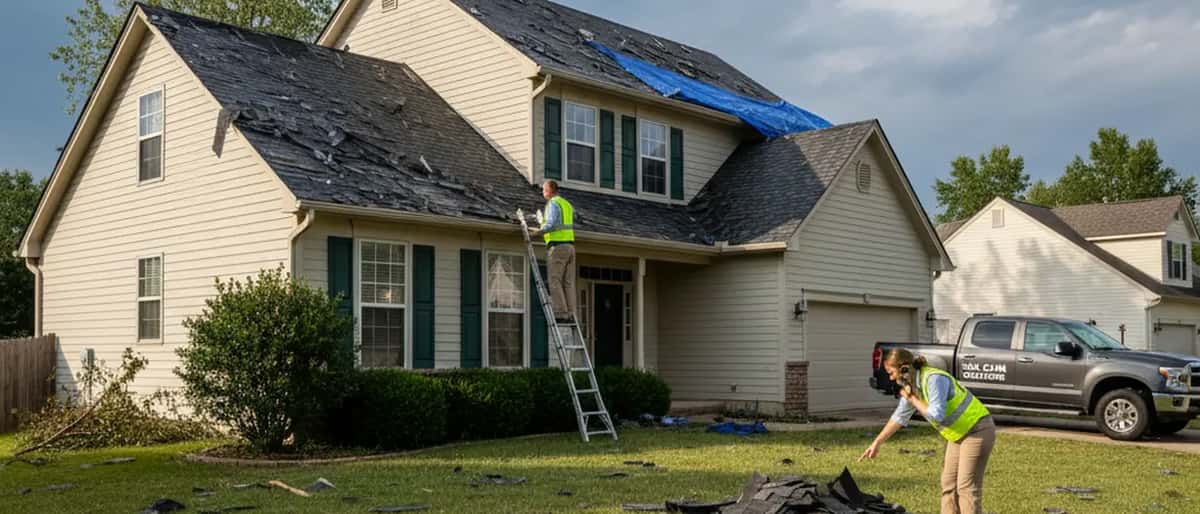Storm-damaged suburban American home with hail damage on roof, insurance adjuster inspecting property after March 2026 megastorm