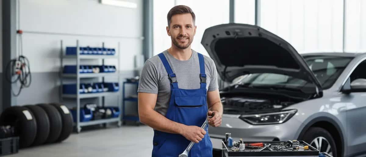 Nederlandse automonteur in blauwe overall inspecteert de onderkant van een sedan op een brug in een moderne werkplaats