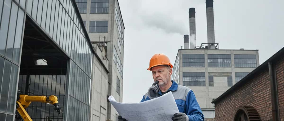Deutscher Fabrikarbeiter liest Dokument vor Industriegebäude