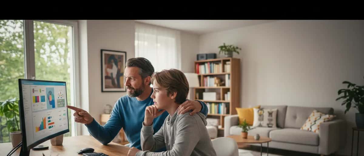 Vater und Sohn am Computer mit Kindersicherungs-Interface auf dem Bildschirm