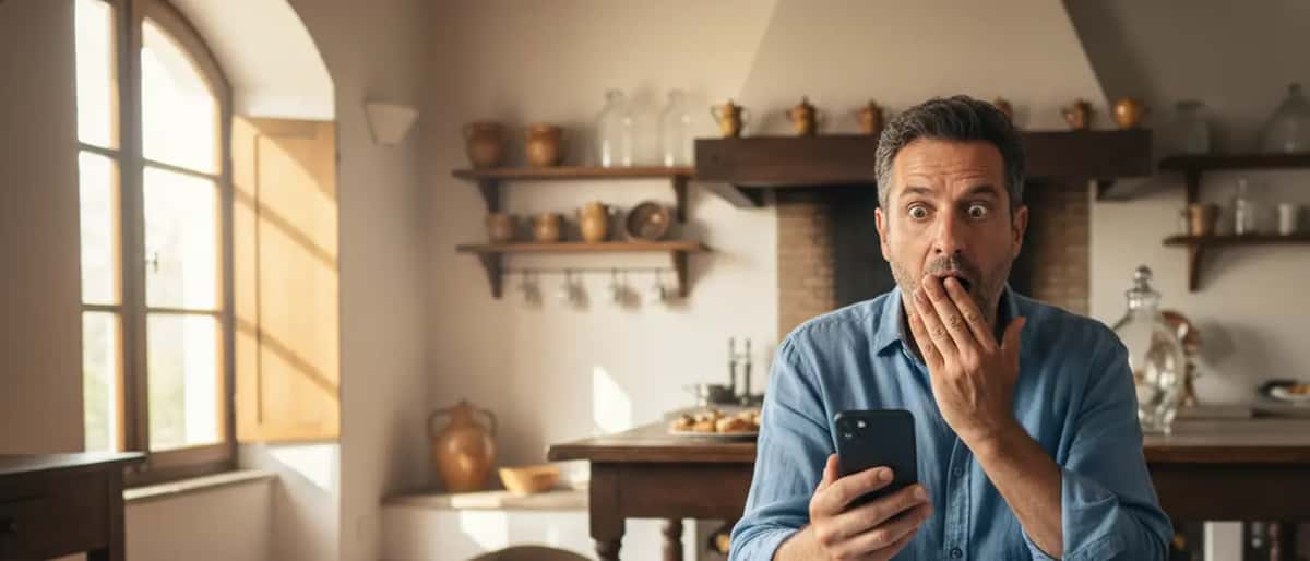 Uomo italiano incredulo guarda lo smartphone con biglietti della lotteria sul tavolo