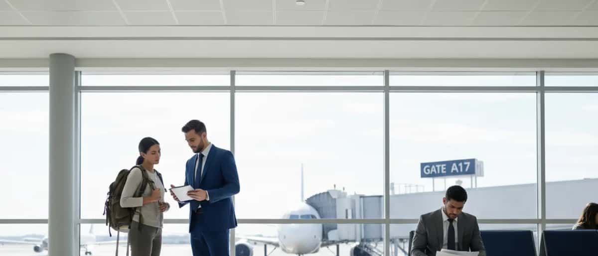 American traveler consulting a lawyer at an airport terminal gate