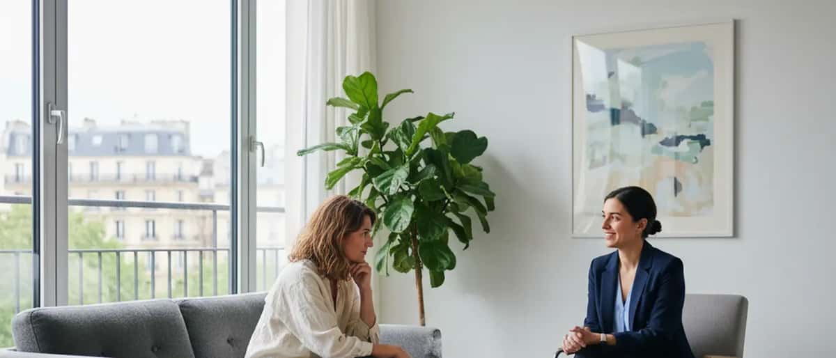 Femme française en séance de thérapie avec une psychologue dans un bureau moderne et lumineux