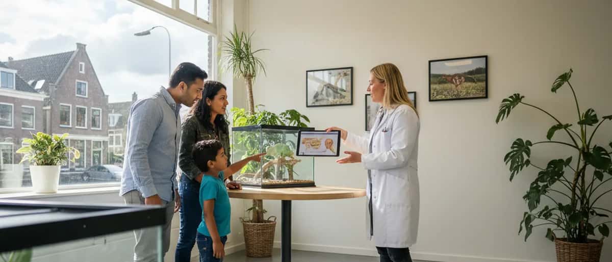 Nederlandse dierenarts in witte jas consulteert een gezin met kind over exotische dieren in een dierenkliniek