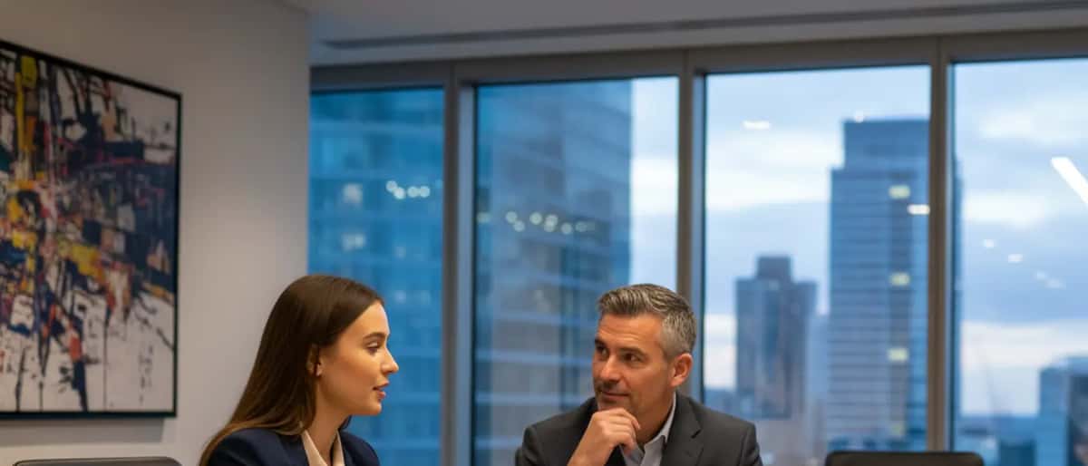 Young woman reviewing financial documents with a wealth management adviser in a modern London office