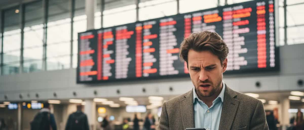 British traveller checks flight info on phone at airport terminal with departure board