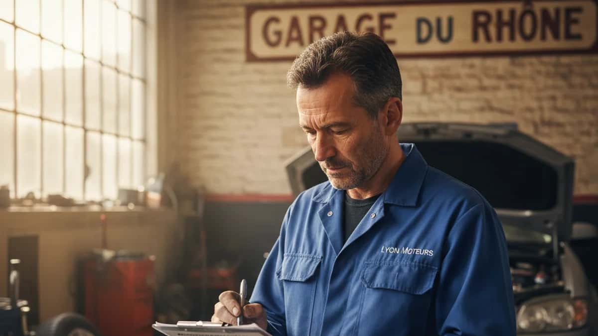 Mécanicien dans un garage de Lyon annotant une check-list de préparation véhicule vacances d'été
