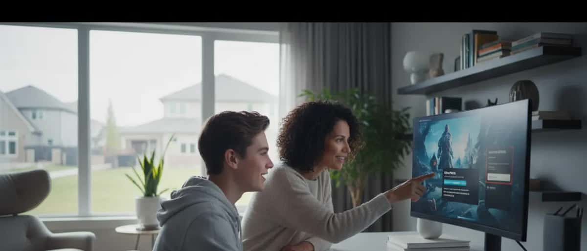American parent and teenager reviewing video game pre-order and security settings together at home