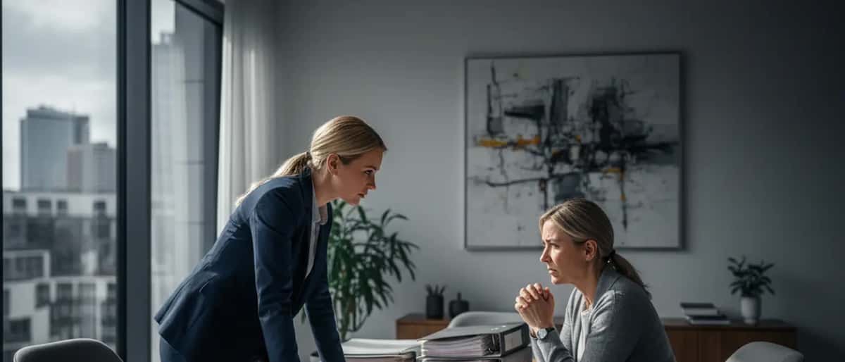 Rechtsanwältin berät eine Mandantin an einem Schreibtisch mit Rechtsdokumenten in einem deutschen Büro
