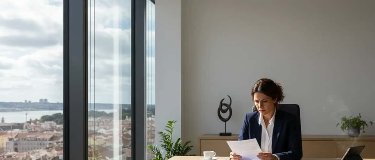 Advogado português analisa contrato de trabalho em escritório moderno em Lisboa